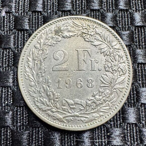 2 Francs Helvetia standing; copper-nickel Switzerland 1968 Coin KM# 21a - Picture 5 of 5